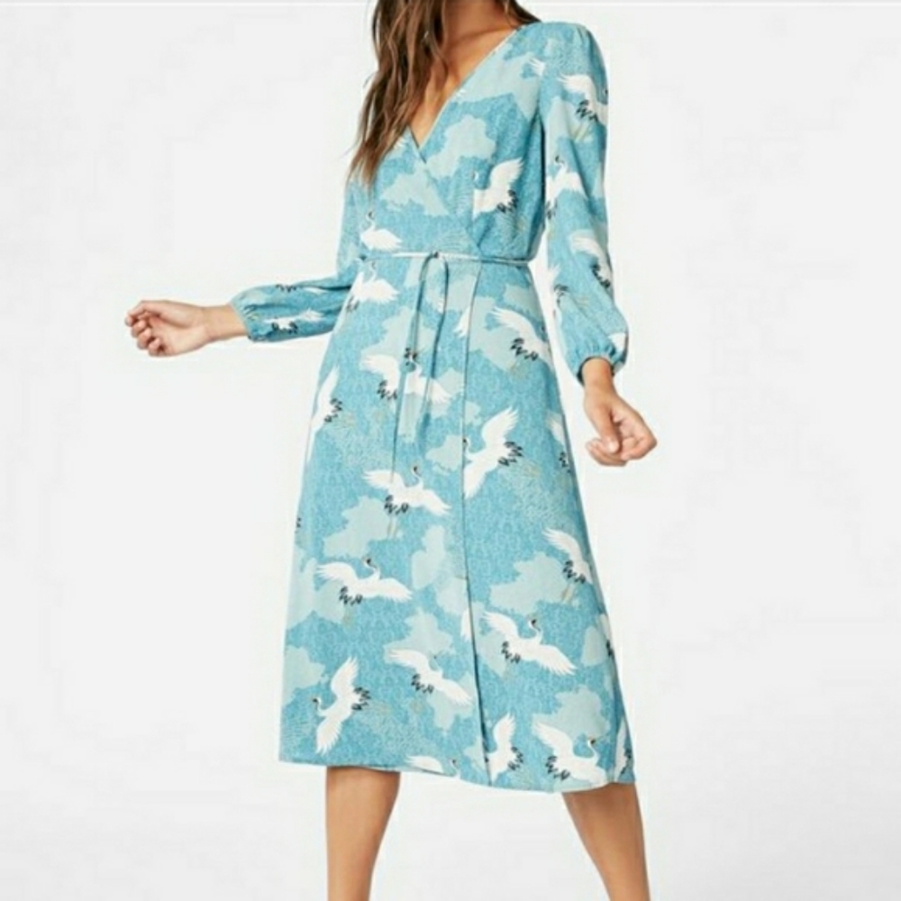 NWT long sleeve wrap dress bird crane print